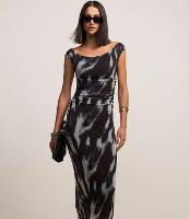 Vestido Midi Ombro a Ombro com Tule Estampado e Drapeado frontal - 1