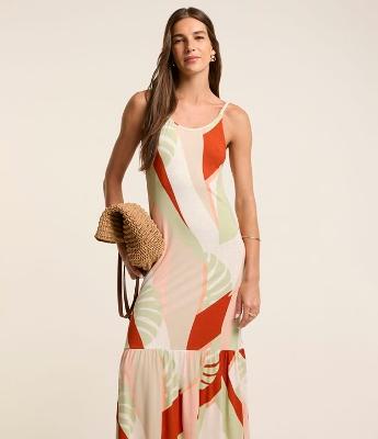 Vestido New Midi em Viscose com Estampa de Folhagem e Babado na Barra