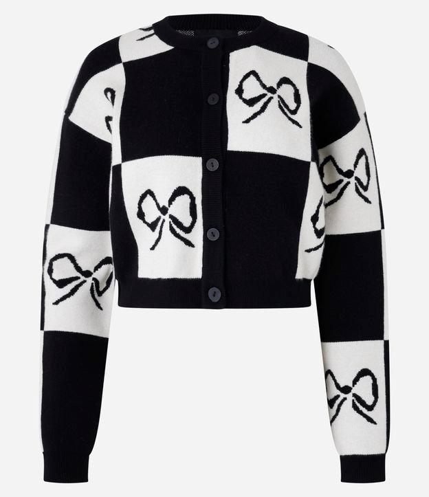 Cardigan Curto em Tricô com Blocos de Cor e Estampa de Laços - 1