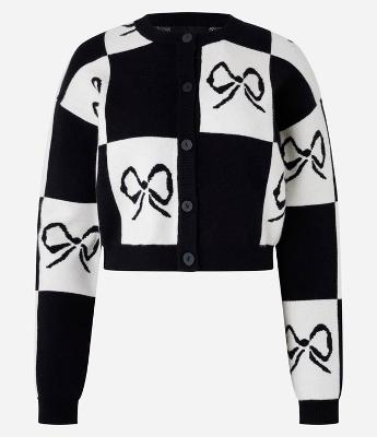 Cardigan Curto em Tricô com Blocos de Cor e Estampa de Laços