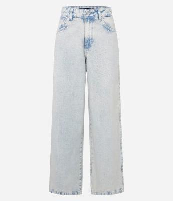 Calça Wide Leg em Jeans Delavê com Brilhos Aplicados