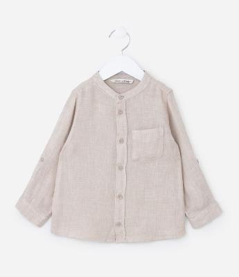 Camisa Infantil em Linho com Gola Padre e Bolso -Tam 1 a 4 Anos
