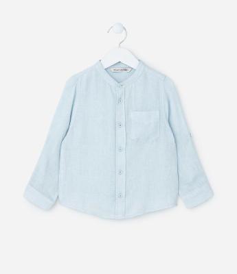 Camisa Infantil em Linho com Gola Padre e Bolso -Tam 1 a 4 Anos
