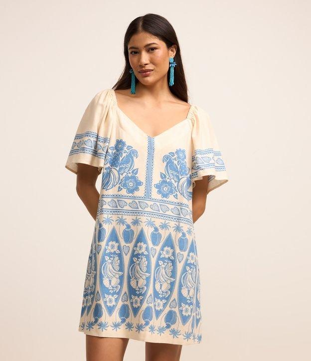 Vestido Curto em Viscose e Linho com Estampa de Frutinhas - 1