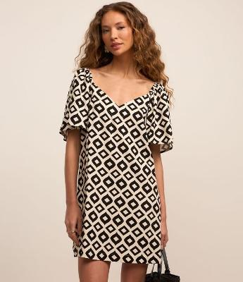 Vestido Curto em Viscose e Linho com Estampa Geométrica