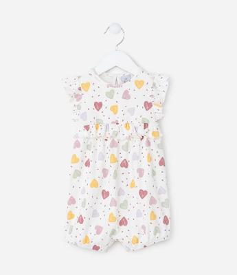 Macaquinho Infantil em Ribana com Estampa Corações - Tam 0  a 18 meses