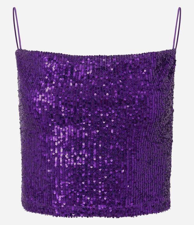 Blusa de Alça Cropped em Paetê Metalizado e Decote Degagê - 1