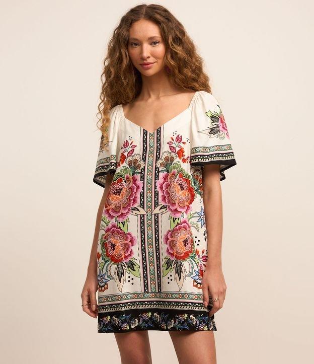 Vestido Curto em Viscose e Linho com Estampa Etnica Floral - 1