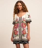 Vestido Curto em Viscose e Linho com Estampa Etnica Floral - 1