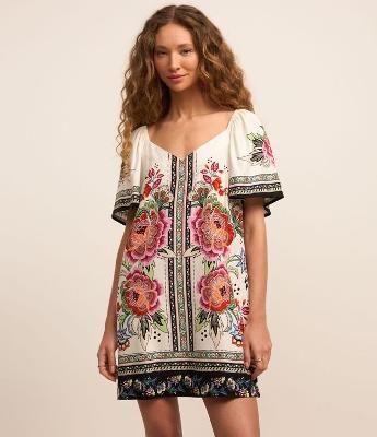 Vestido Curto em Viscose e Linho com Estampa Etnica Floral