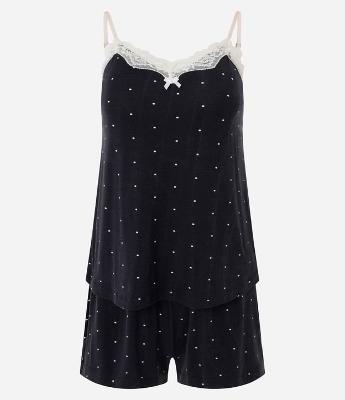 Pijama Short Doll Alcinha com Estampa Poá e Detalhe de Renda