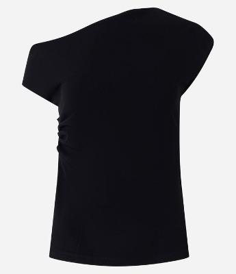 Blusa Manga Curta Assimétrica em Crepe com Drapeado na Lateral