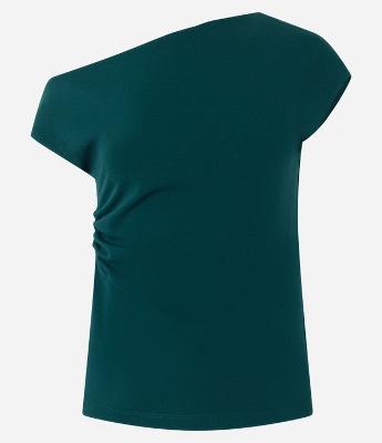 Blusa Manga Curta Assimétrica em Crepe com Drapeado na Lateral