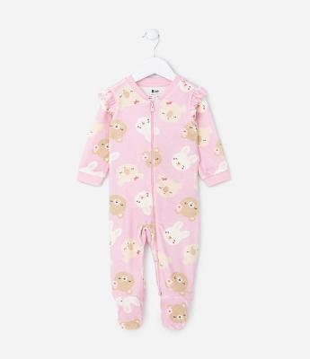 Macacão Infantil em Plush com Estampa de Ursinha - Tam RN a 18 meses