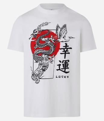 Camiseta Regular em Algodão com Estampa de Dragão Oriental