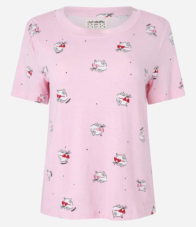 Blusa de Pijama Manga Curta em Viscose com Estampa de Gato - 1