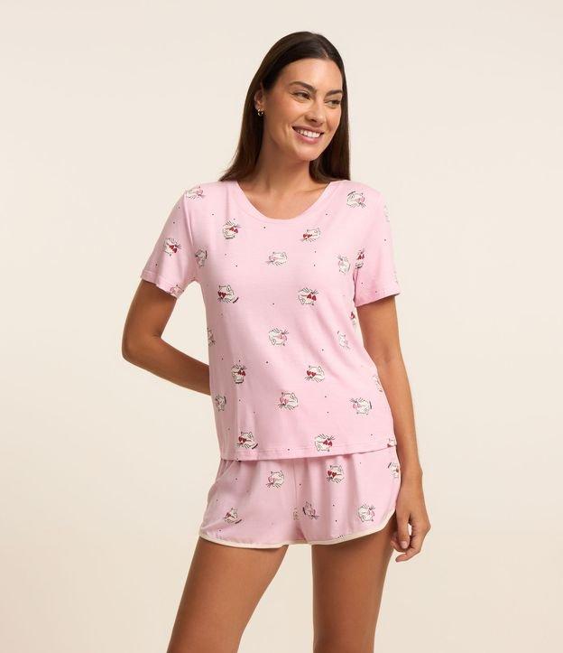 Blusa de Pijama Manga Curta em Viscose com Estampa de Gato - 2