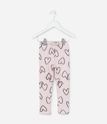 Calça Legging Infantil Canelada com Estampa Corações - Tam 1 a 6 Anos