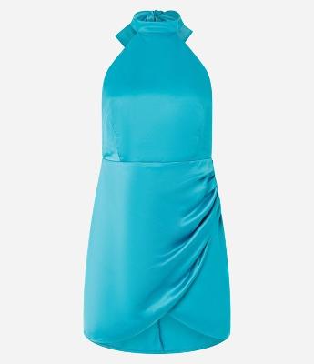 Vestido Curto em Cetim com Decote Halter e Sobreposição