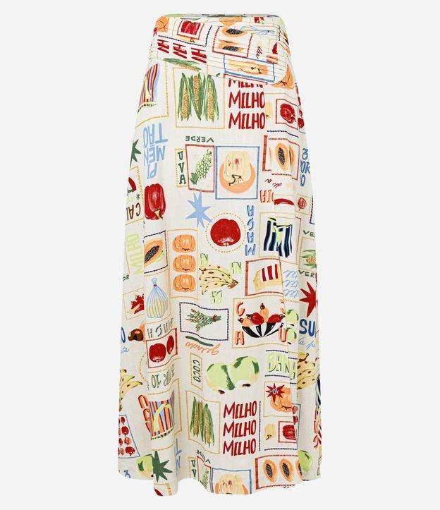 Saia New Midi em Viscose e Linho com Estampa de Frutinhas - 1