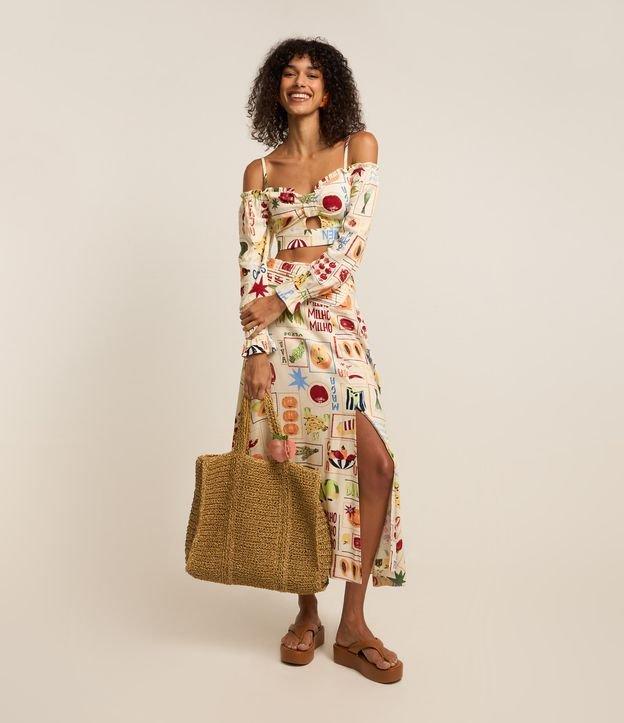 Saia New Midi em Viscose e Linho com Estampa de Frutinhas - 2
