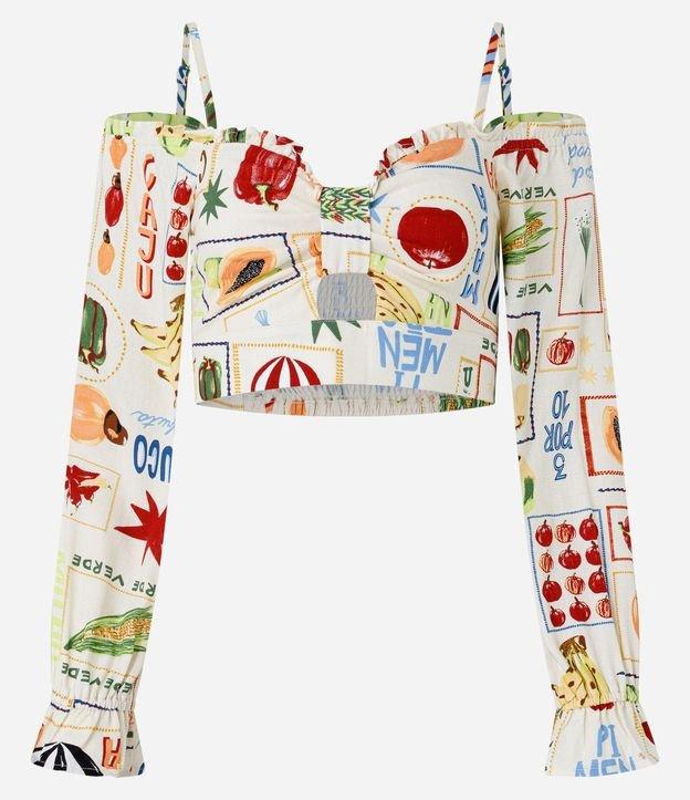 Blusa Cropped em Viscose e Linho com Estampa de Frutinhas - 1