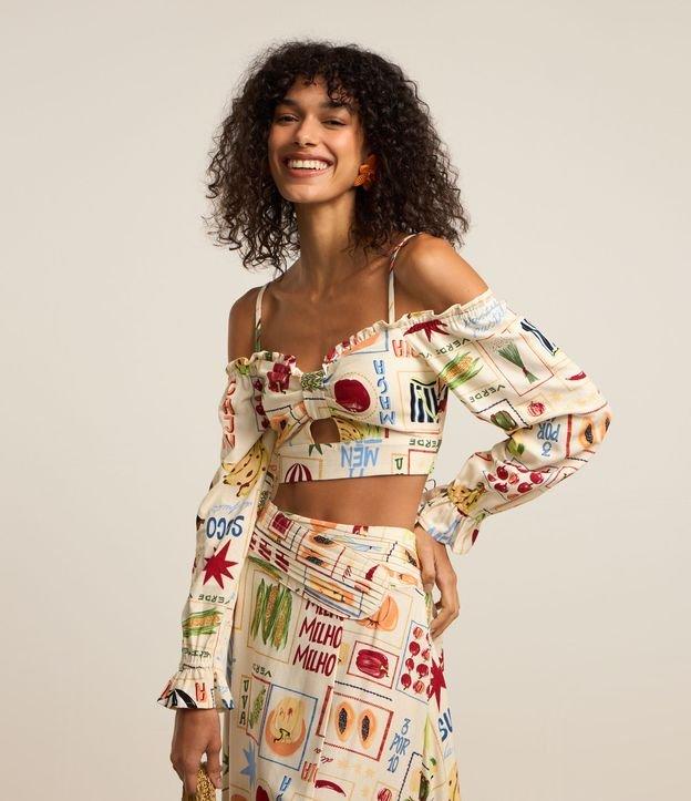 Blusa Cropped em Viscose e Linho com Estampa de Frutinhas - 2