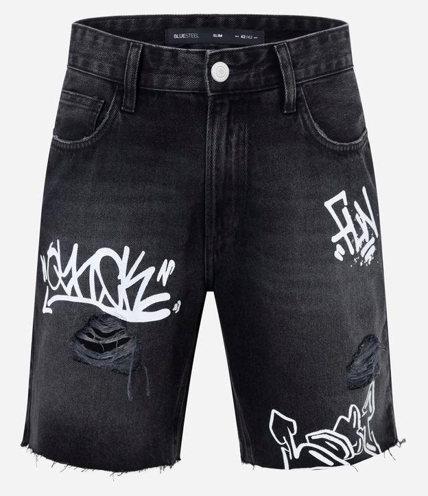 Bermuda Slim em Jeans com Estampa Lettering Grafite e Puídos - 1