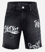 Bermuda Slim em Jeans com Estampa Lettering Grafite e Puídos - 1