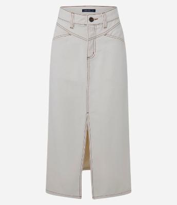 Saia Midi em Sarja com Fenda Frontal e Detalhe de Costuras