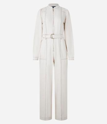 Macacão em Sarja com Cinto com Fivela e Manga Bufante