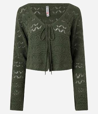 Casaco Curto em Tricô com Mix de Pontos e Amarração Frontal