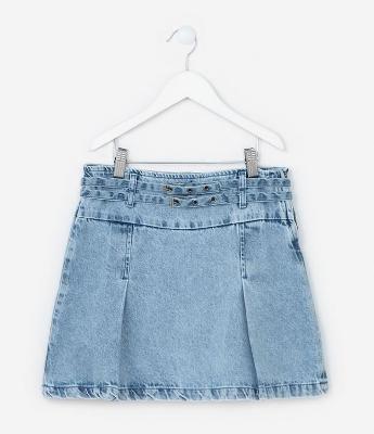 Saia Infantil Evasê Jeans com Cinto Duplo - Tam 5 a 14 Anos
