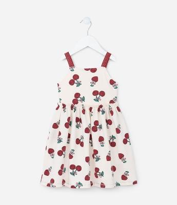 Vestido Infantil em Algodão com Estampa de Cerejas - Tam 1 a 6 Anos