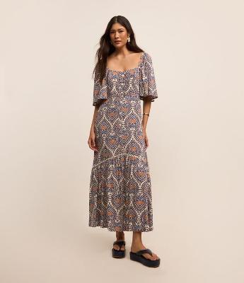 Vestido Long Midi em Viscose com Estampa de Abacaxi e Manga Evasê