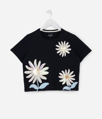 Blusa Curta Infantil com Bordado em Paetês - Tam 5 a 14 Anos