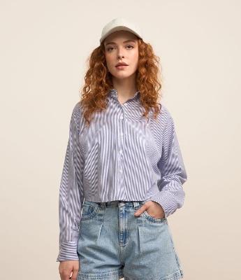 Camisa Curta em Tricoline com Listras em Fio Tinto