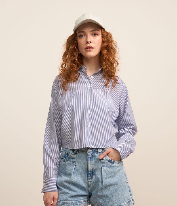 Camisa Curta em Tricoline com Listras em Fio Tinto - 1
