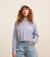 Camisa Curta em Tricoline com Listras em Fio Tinto - 1