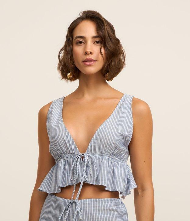 Saída de Praia Blusa Cropped em Tricoline Listrado com Amarração - 3