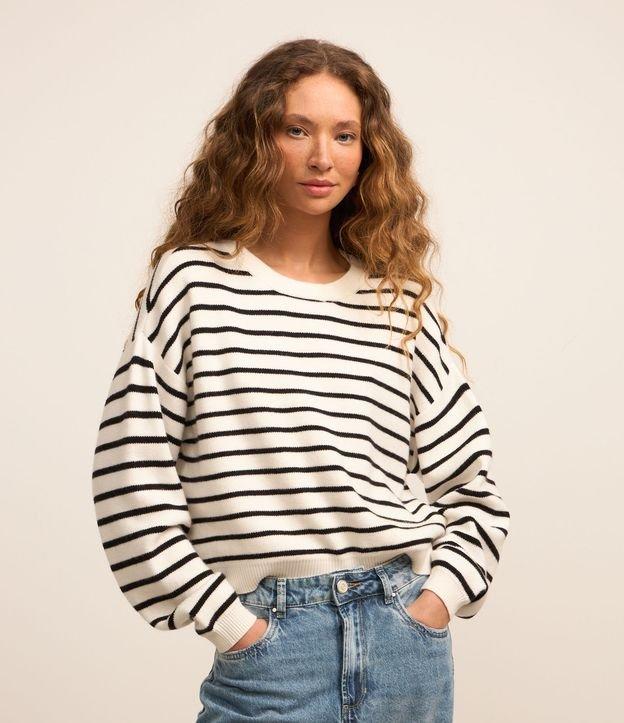 Suéter em Tricô com Cava Deslocada e Listras - 1