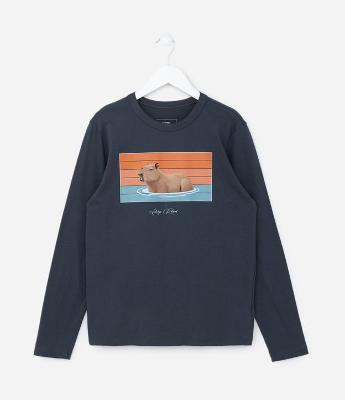 Camiseta Infantil com Estampa Capivara na Água - Tam 5 a 14 Anos