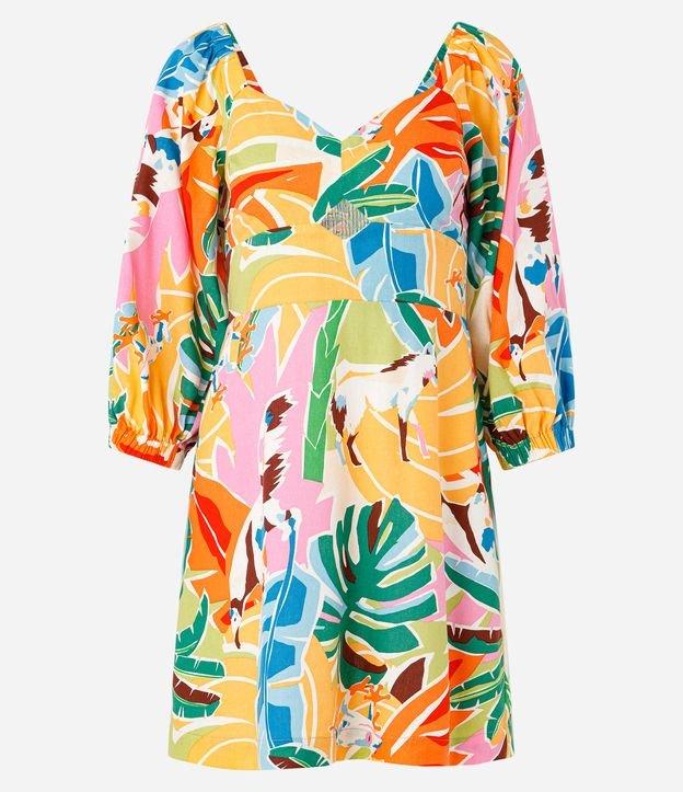 Vestido Curto em Viscose e Linho com Estampa de Folhagens - 1