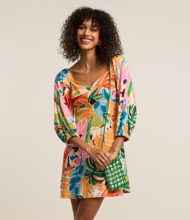 Vestido Curto em Viscose e Linho com Estampa de Folhagens - 2