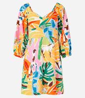 Vestido Curto em Viscose e Linho com Estampa de Folhagens - 1