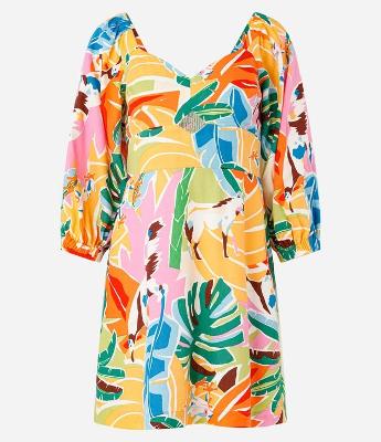 Vestido Curto em Viscose e Linho com Estampa de Folhagens