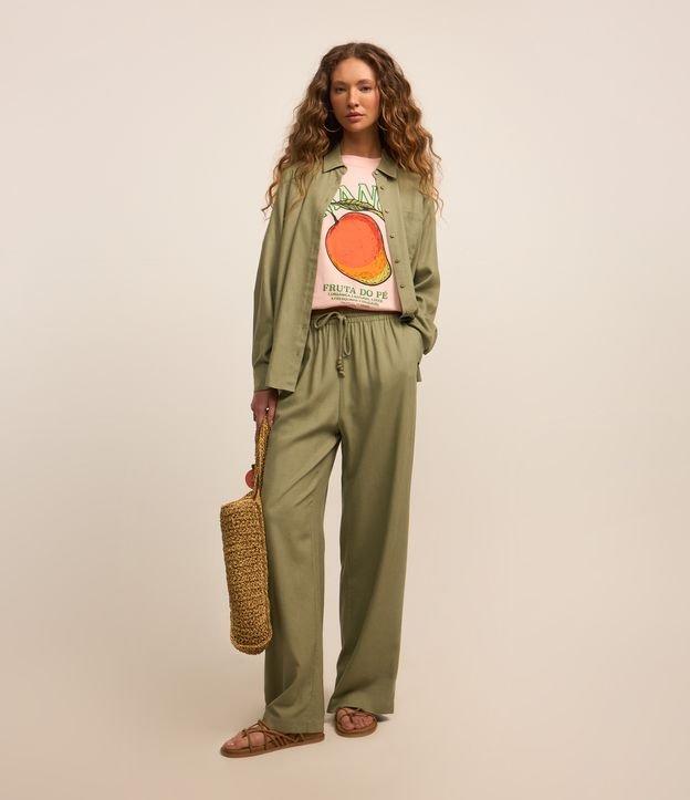 Calça Reta em Viscose e Linho com Elástico e Amarração no Cós - 1