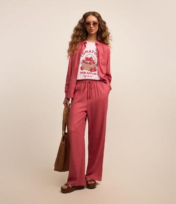 Calça Reta em Viscose e Linho com Elástico e Amarração no Cós