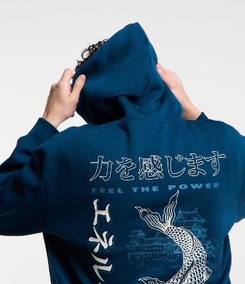 Blusão Relaxed em Moletom com Estampa Oriental e Peixe Carpa