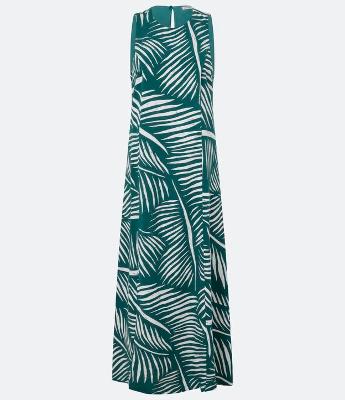 Vestido Evasê Longo em Viscolinho com Estampa de Folhagens